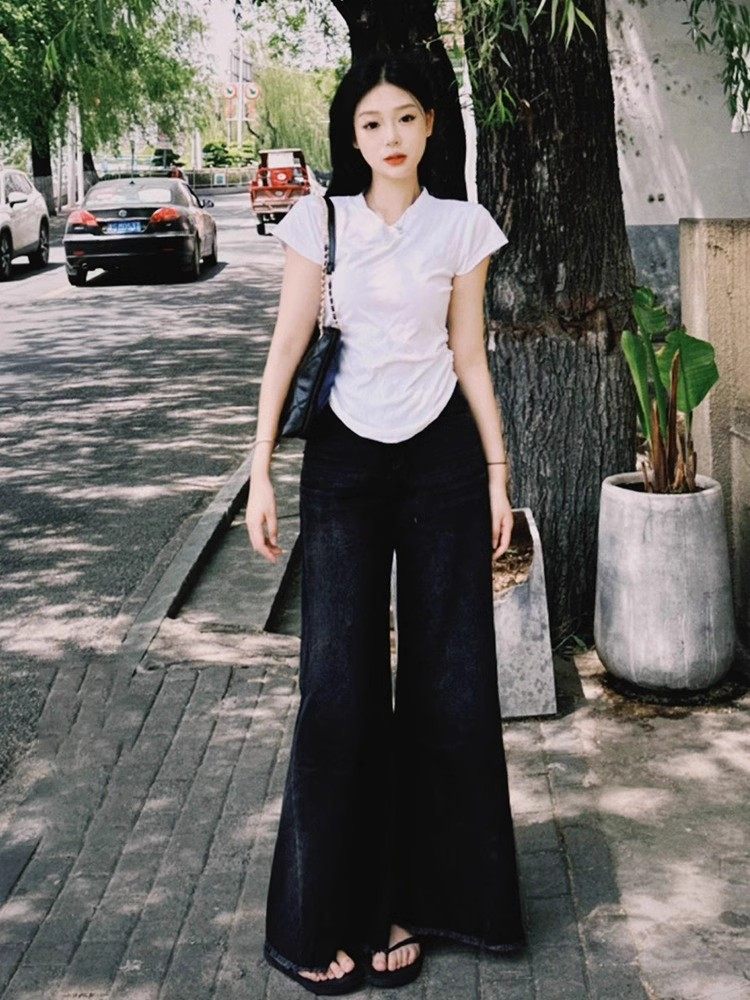 梨型身材穿搭黑灰色阔腿牛仔裤女美式复古大码宽松垂感拖地喇叭裤,女装/女士精品,大码裤装,淘宝优惠券,粉丝福利购,淘宝优惠卷