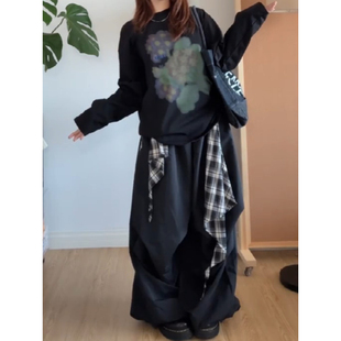 宽松垂感嘻哈街舞裤 大码 女秋季 复古褶皱格子系带休闲裤 子 胖mm美式