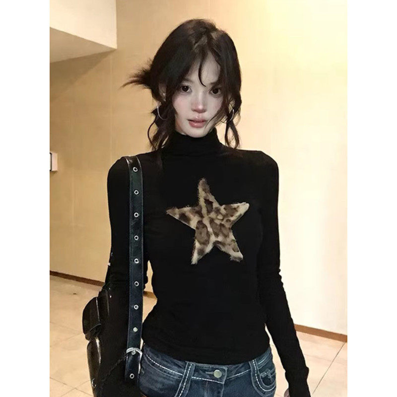 大码胖mm美式豹纹星星半高领长袖t恤女春季修身显瘦内搭打底上衣,女装/女士精品,大码内搭,淘宝优惠券,粉丝福利购,淘宝优惠卷