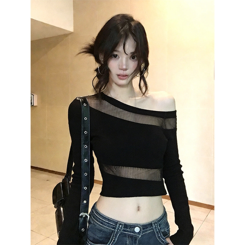 大码美式辣妹镂空网纱长袖t恤女