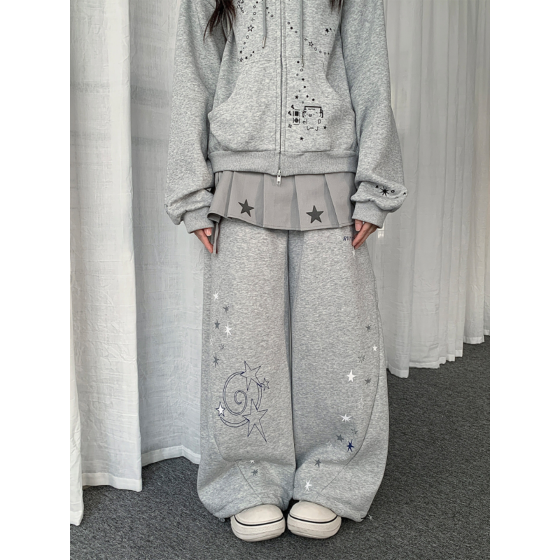 大码胖mm美式星星解构弯刀休闲卫裤女秋冬设计感宽松显瘦阔腿长裤,女装/女士精品,大码裤装,淘宝优惠券,粉丝福利购,淘宝优惠卷