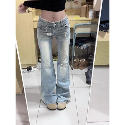 大码复古蕾丝花边微喇牛仔裤女