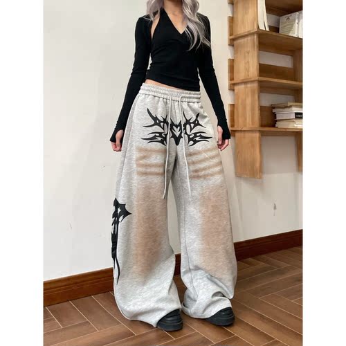 大码美式高街字母图腾印花阔腿裤