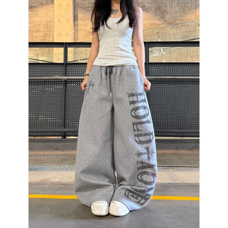 大码美式高街字母印花休闲卫裤女