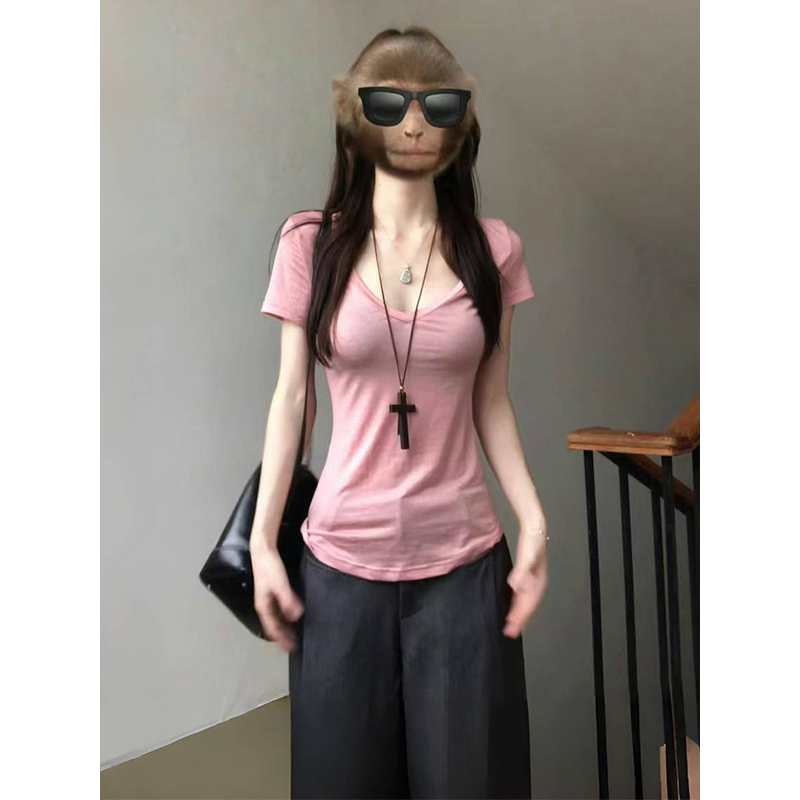 大码纯欲风甜辣凉感V领短袖t恤女