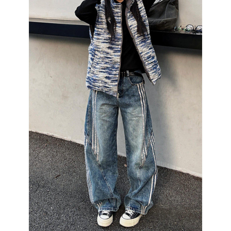 大码胖mm美式复古条纹拼接弯刀牛仔裤女秋冬设计感解构宽松阔腿裤,女装/女士精品,大码裤装,淘宝优惠券,粉丝福利购,淘宝优惠卷