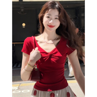 大码胖mm红色扭结不规则正肩短袖T恤女夏季修身显瘦百搭短款上衣