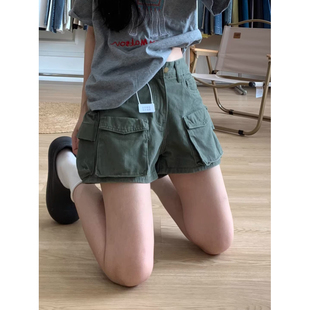 胖mm美式 牛仔短裤 大码 高街军绿色工装 潮 女夏季 街头多口袋直筒热裤