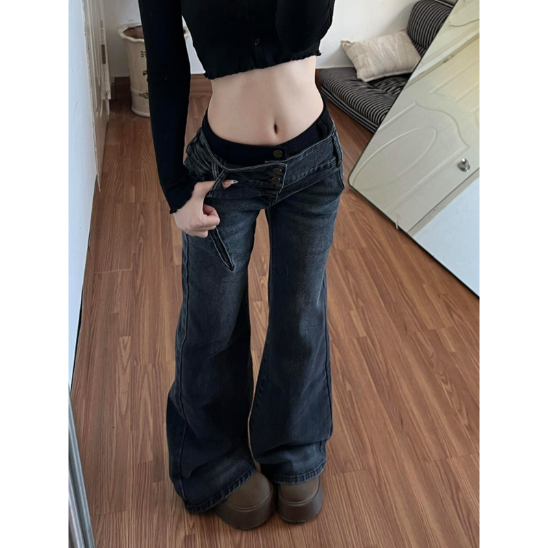 大码胖mm美式辣妹拼接低腰微喇牛仔裤女秋冬设计感宽松显瘦阔腿裤,女装/女士精品,大码裤装,淘宝优惠券,粉丝福利购,淘宝优惠卷