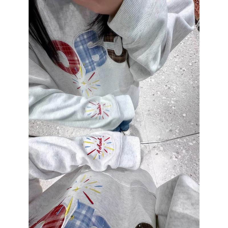 大码美式复古烟花刺绣加绒卫衣女