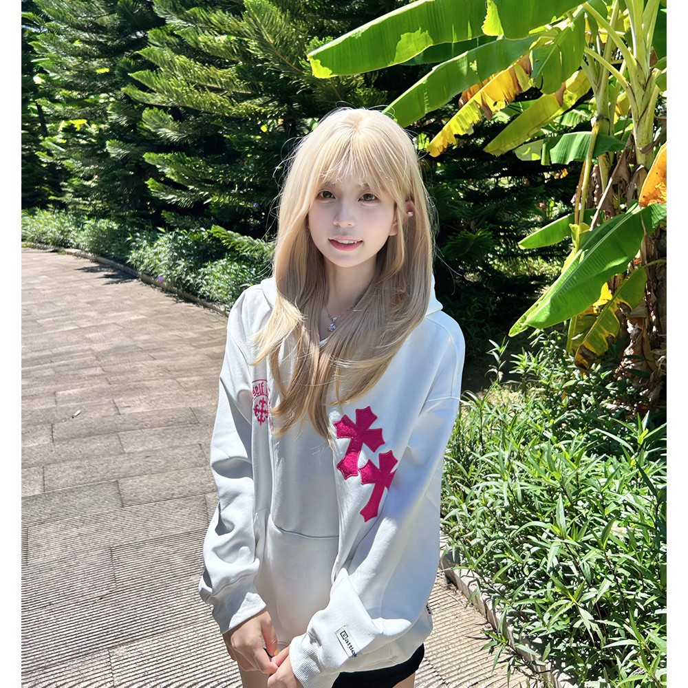 大码美式复古高街十字架连帽卫衣