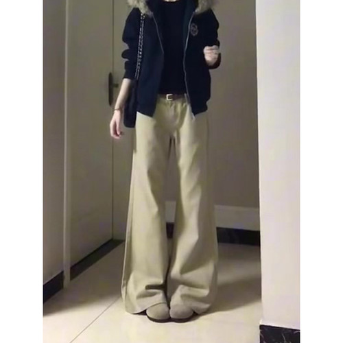 大码美式复古卡其色微喇牛仔裤女