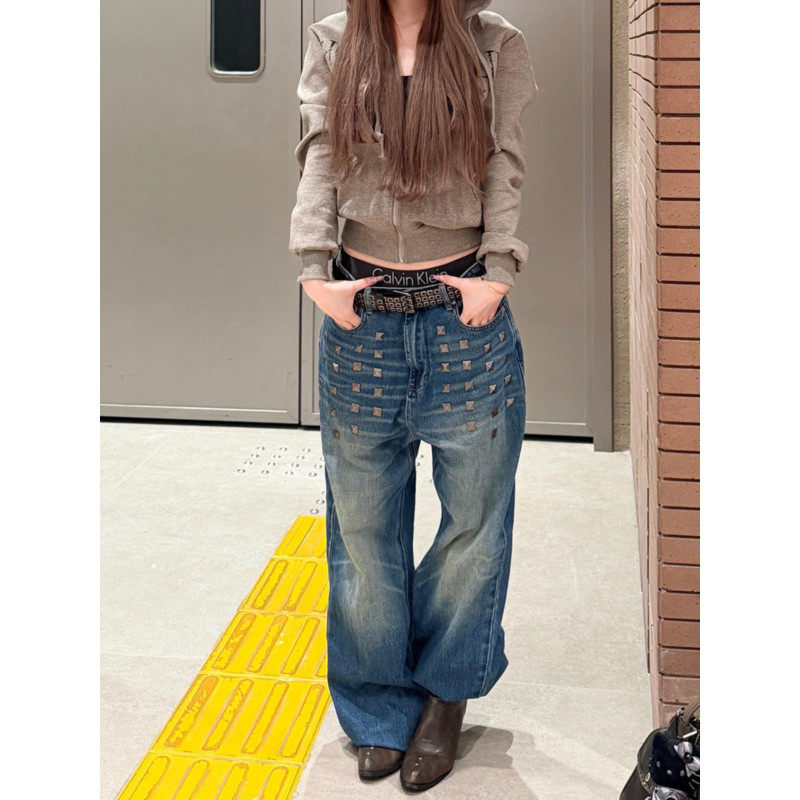 大码胖mm美式重工柳钉低腰牛仔裤女春季设计感宽松垂感阔腿拖地裤,女装/女士精品,大码裤装,淘宝优惠券,粉丝福利购,淘宝优惠卷