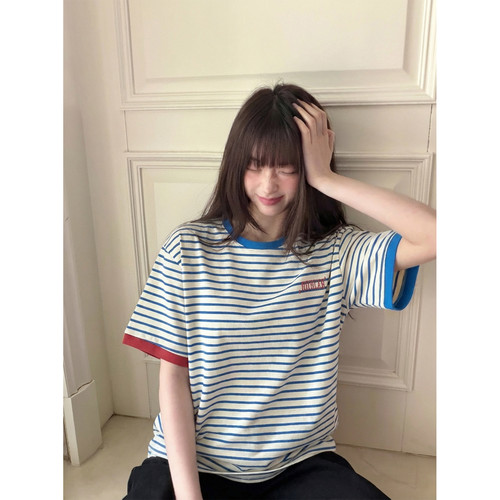 大码美式复古条纹撞色短袖t恤女