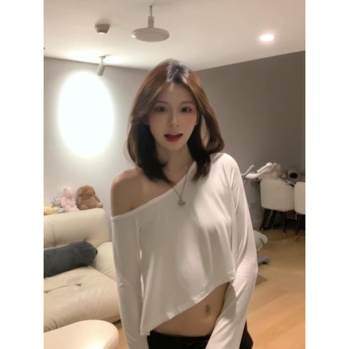 美式cleanfit白色斜肩长袖T恤女