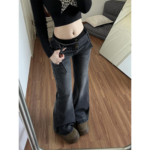 大码美式复古拼接低腰微喇牛仔裤