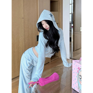 韩系chic运动风长袖拉链连帽外套女2026春秋季阔腿休闲裤两件套潮