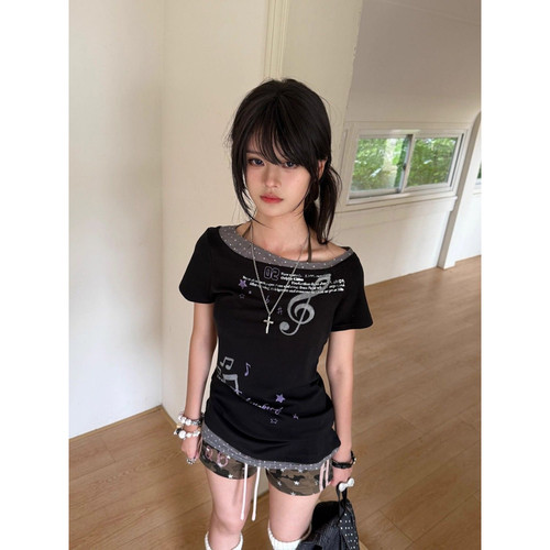 大码美式Y2K轻亚风斜肩短袖T恤女