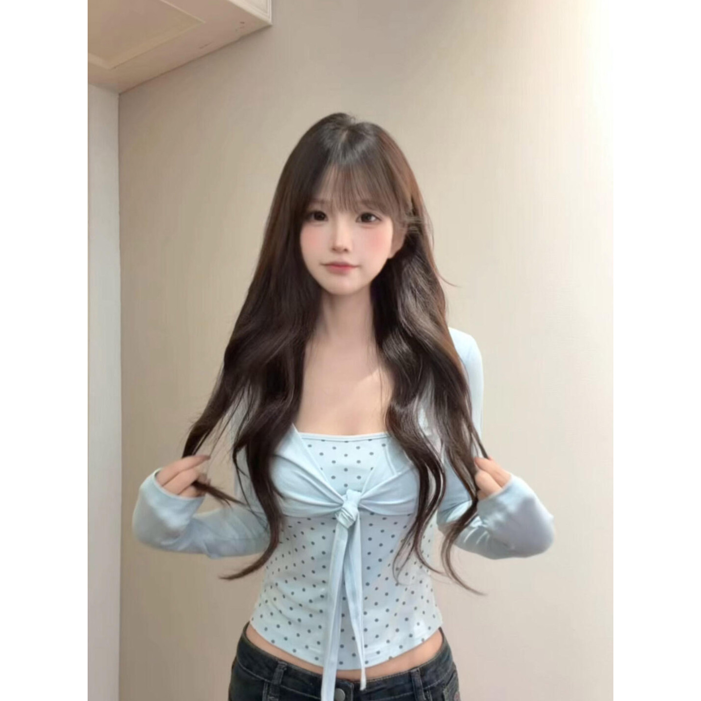 韩系甜美蓝色波点假两件绑带长袖t恤女早秋季辣妹修身打底衫上衣