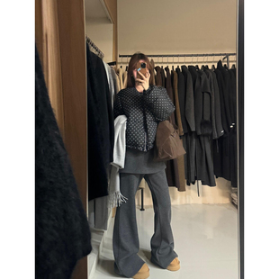 女秋冬宽松显瘦阔腿拖地裤 复古假两件屁帘微喇休闲裤 胖mm美式 大码