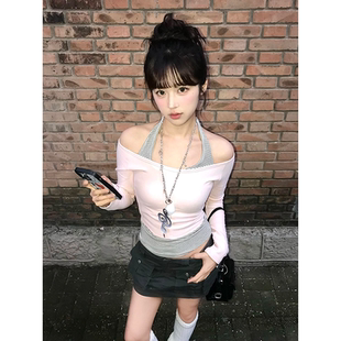 大码 t恤女秋冬吊带背心两件套打底上衣 胖mm韩系辣妹挂脖露肩长袖