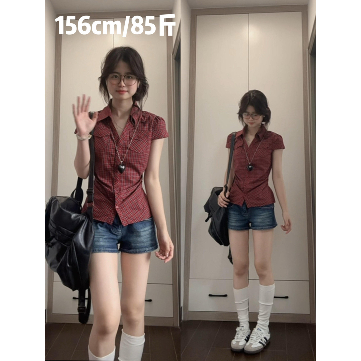 大码美式高街蓝色双扣牛仔短裤女