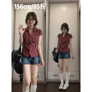 大码胖mm美式高街蓝色双扣牛仔短裤女2026夏季修身弹力包臀热裤子