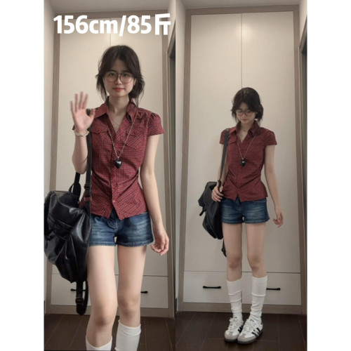 大码美式高街蓝色双扣牛仔短裤女