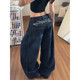 胖mm美式 复古字母印花弯刀牛仔裤 女春季 大码 宽松慵懒百阔腿拖地裤