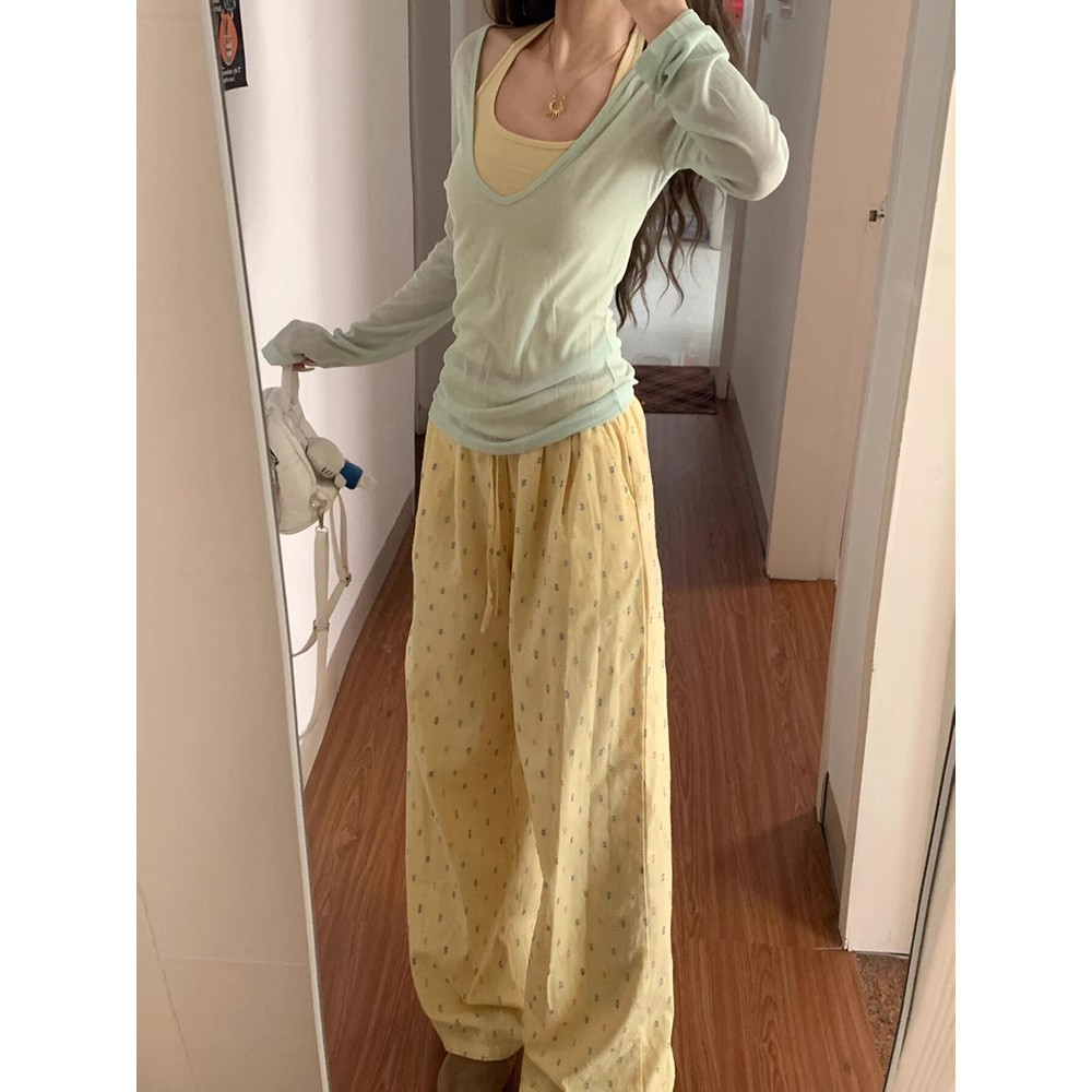大码黄色多巴胺彩色波点休闲裤女