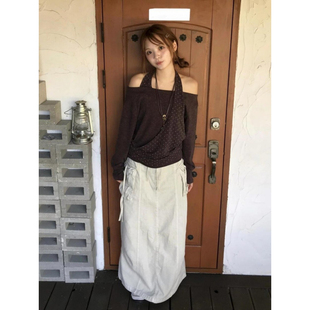 大码胖mm美式复古波点挂脖长袖T恤女秋冬宽松显瘦假两件露肩上衣