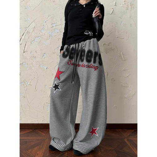 大码美式复古条纹字母加绒卫裤女