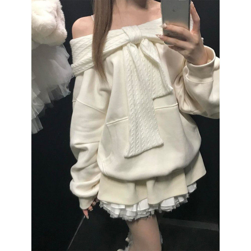 大码胖mm美式辣妹一字肩蝴蝶结卫衣女冬季加绒宽松高级感连帽上衣,女装/女士精品,大码内搭,淘宝优惠券,粉丝福利购,淘宝优惠卷