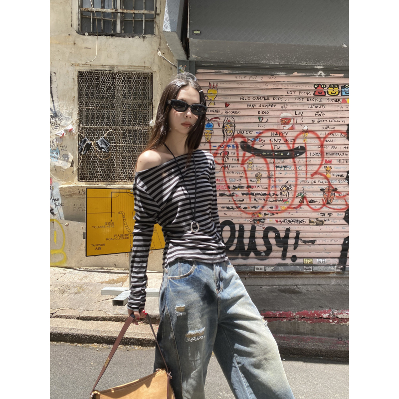 大码美式辣妹条纹斜肩长袖t恤女