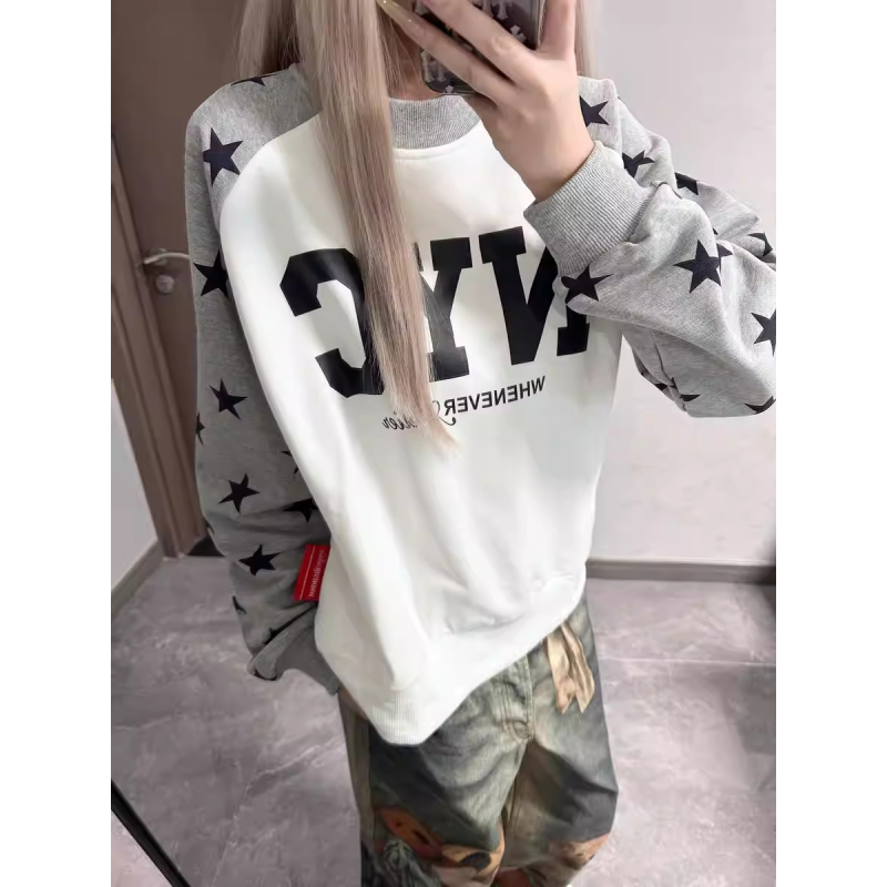 大码美式复古星星印花圆领卫衣女