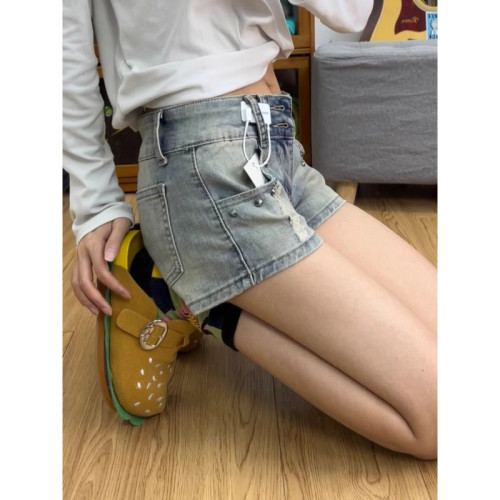 大码美式高街水洗辣妹牛仔短裤女