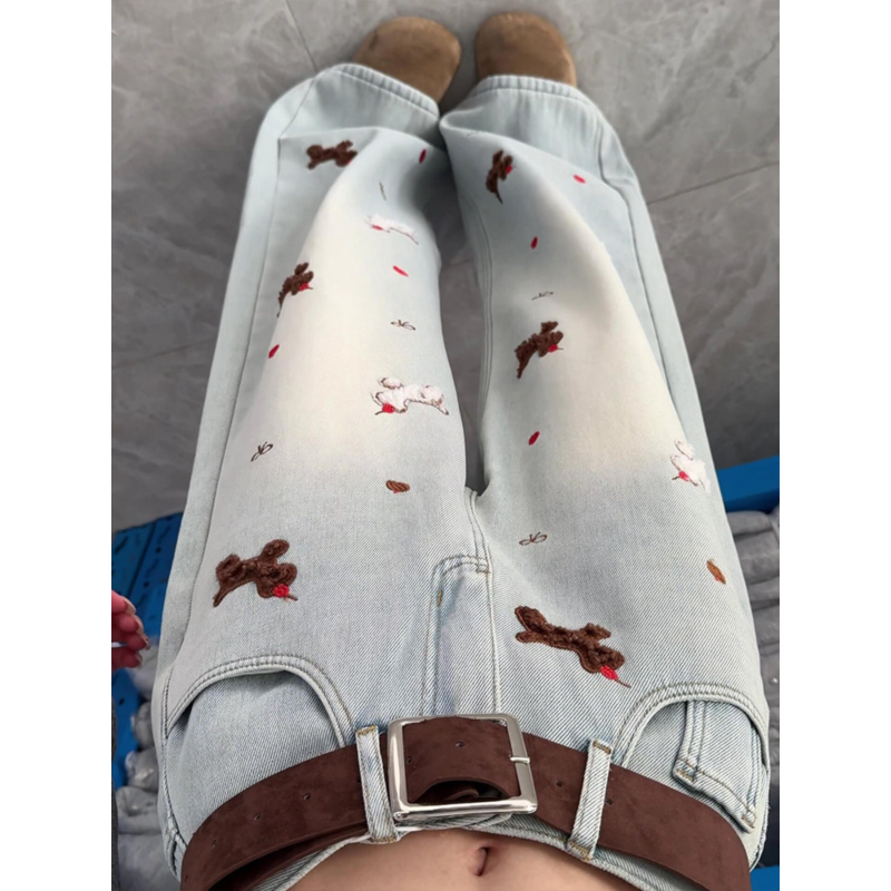 大码胖mm美式复古小狗刺绣直筒牛仔裤女秋冬设计感宽松百搭阔腿裤,女装/女士精品,大码裤装,淘宝优惠券,粉丝福利购,淘宝优惠卷