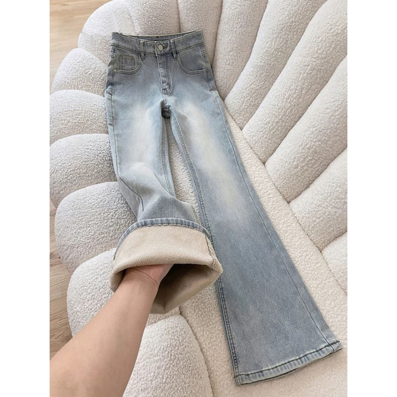 大码美式浅色微喇加绒牛仔裤女