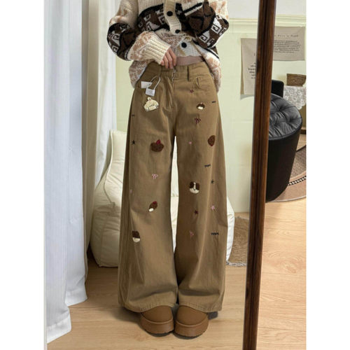 大码美式复古小熊刺绣高腰牛仔裤