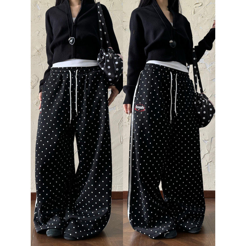 大码胖mm美式高街波点抽绳休闲卫裤女秋冬三条杠宽松垂感阔腿长裤,女装/女士精品,大码裤装,淘宝优惠券,粉丝福利购,淘宝优惠卷