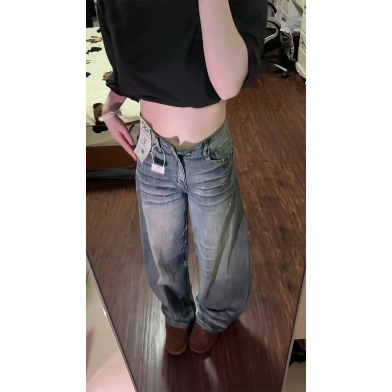 大码美式复古口袋刺绣直筒牛仔裤