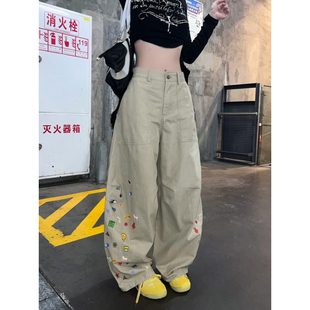 胖mm美式 裤 大码 街头趣味印花弯刀工装 女秋季 设计感宽松显瘦阔腿裤