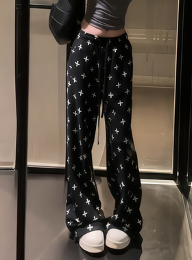 大码胖mm韩系甜辣十字架满印休闲裤女秋季新款宽松阔腿运动长裤潮