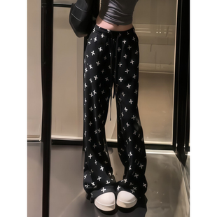宽松阔腿运动长裤 大码 新款 女秋季 潮 胖mm韩系甜辣十字架满印休闲裤