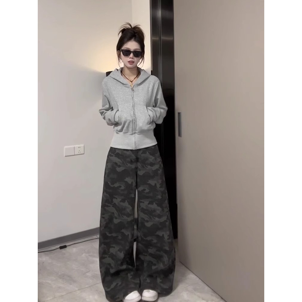 大码高街工装阔腿迷彩牛仔裤女