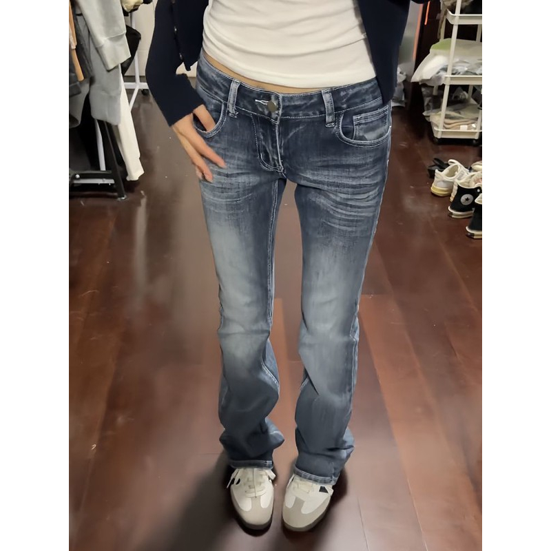 大码美式复古弹力低腰微喇牛仔裤