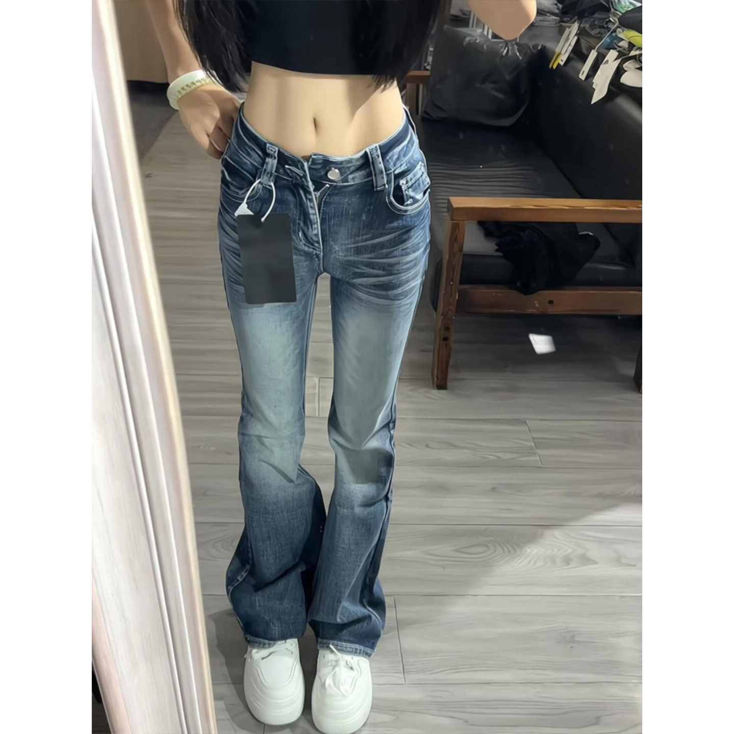 大码美式高街窄版水洗微喇牛仔裤