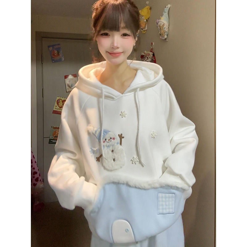 大码美式高街雪人刺绣卫衣女加绒