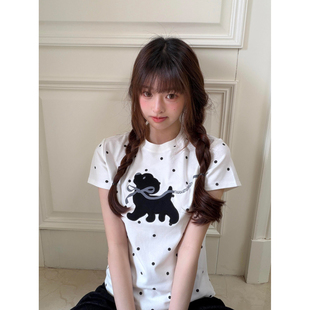 显瘦短款 大码 ins修身 t恤女夏季 正肩上衣 胖mm韩系白色波点小狗短袖