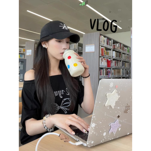 辣妹显瘦百搭露肩上衣 大码 胖mm美式 黑色蝴蝶结斜肩短袖 t恤女夏季